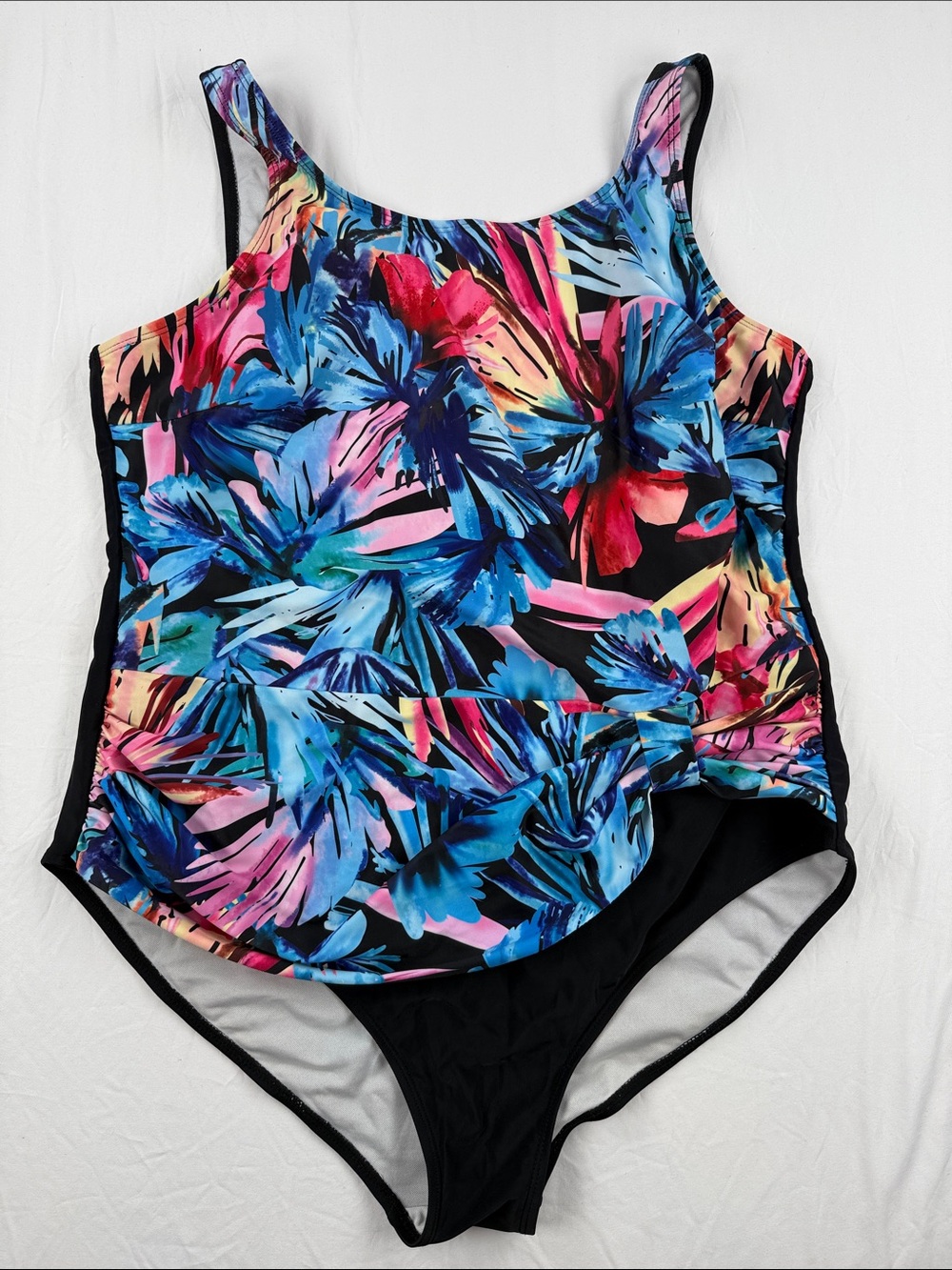 SHEIN Black One-Piece Swimsuit with Multicolor Tropical Floral Print